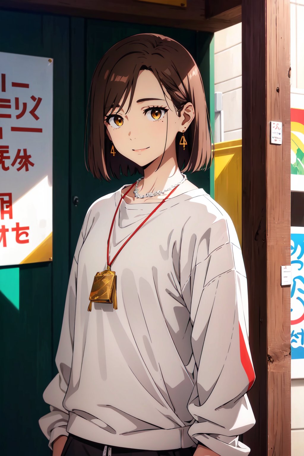 <lora:KotohaTachibana:0.8>, Kotoha Tachibana, 1girl, solo, looking at viewer, smile, short hair, brown hair, shirt, hair between eyes, brown eyes, jewelry, closed mouth, white shirt, earrings, necklace, mole, blurry, mole under eye, blurry background, portrait, ((masterpiece))