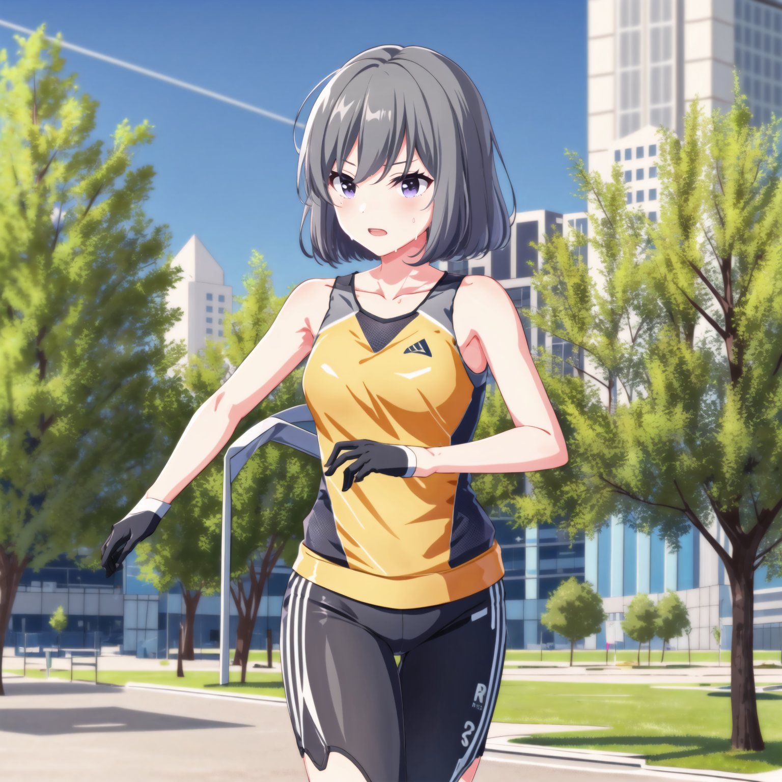 (high quality, best quality), 1girl, solo, kanzaki rio, sports_wear, <lora:rio2-000007:0.75>, running, sweat, tired, park, outdoors, tree, hdr