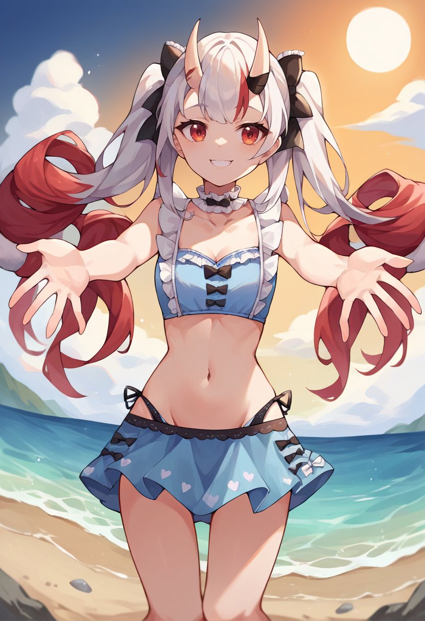 score_9, score_8_up, score_7_up, source_anime, 1girl, solo, AyameSummer, oni horns, twintails, blue bikini, frilled bikini, bikini skirt, hair bow, black bow, frilled choker, outdoors, beach, ocean, sun, smile, :d, spread arms, <lora:NakiriAyamePDXL:1>