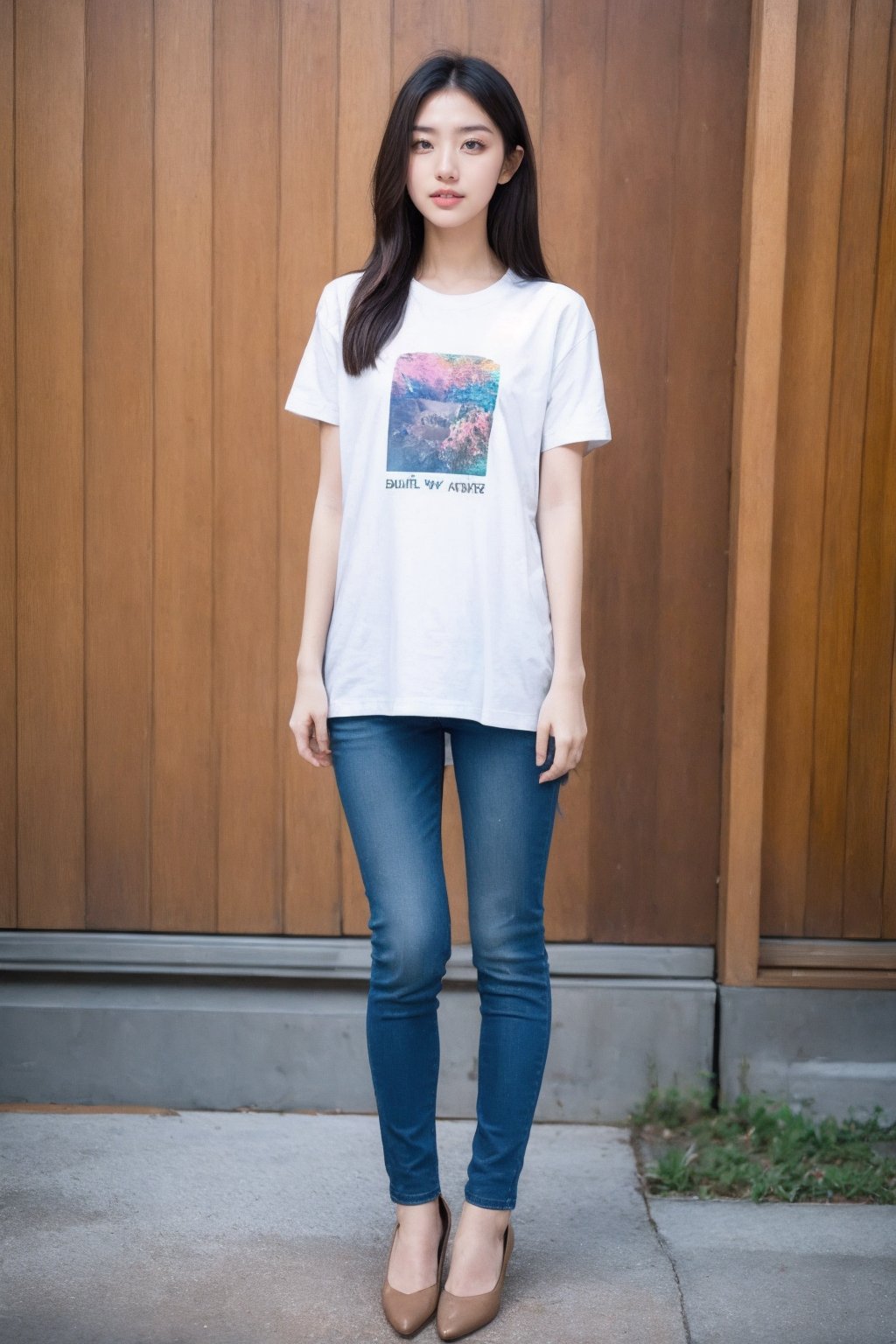 photorealistic,1girl,long hair,t-shirt,full body,