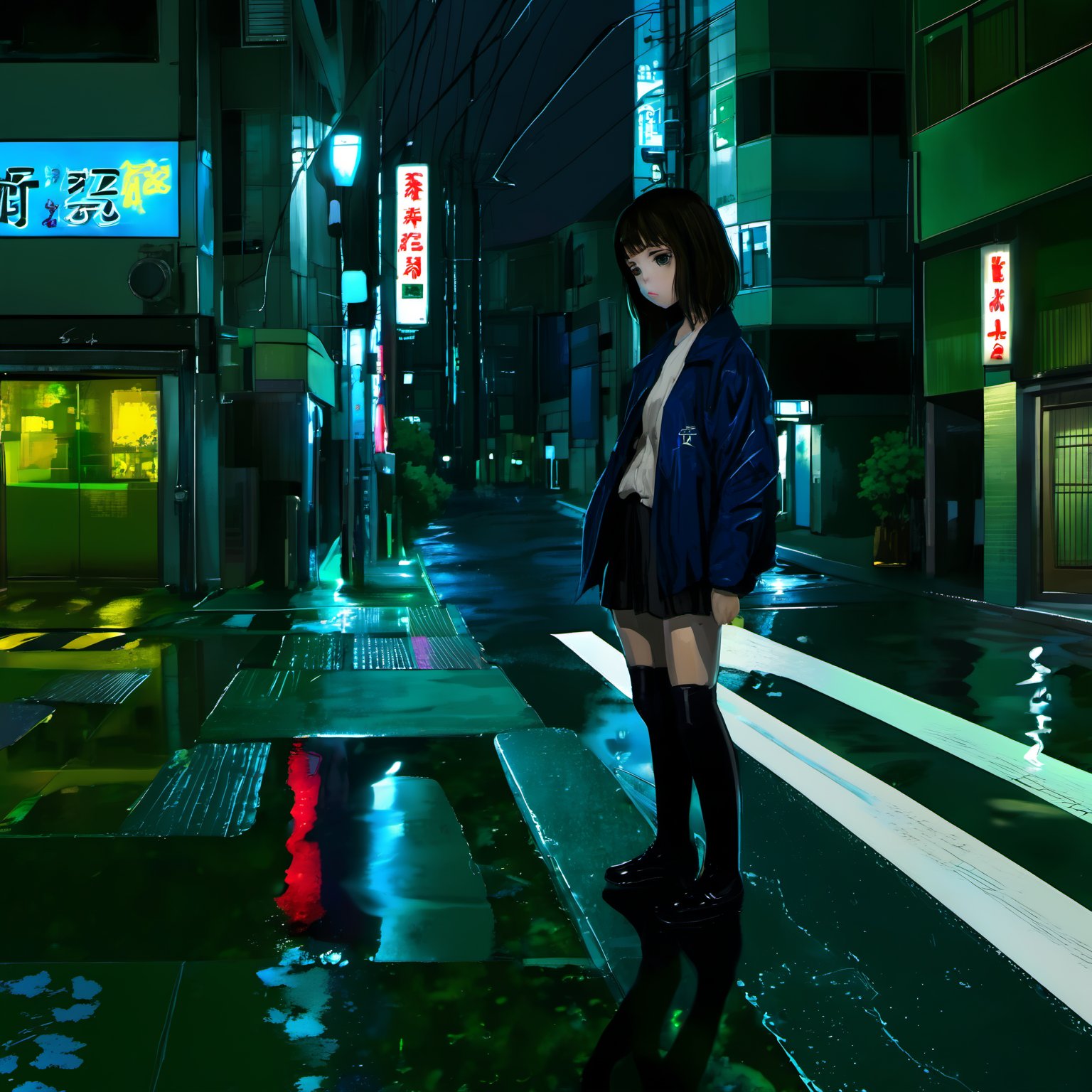 <lora:loneliness_xl_v2:0.8>,The image depicts a nighttime urban scene,possibly in a city in Japan. The streets are wet,reflecting the neon lights from the buildings and streetlights. A young female character with dark hair and a blue jacket stands prominently in the foreground,looking to her right. She is wearing black shoes and has a somewhat contemplative expression. The buildings around her are tall,with various signs and lights illuminating the scene. The overall color palette is dominated by cool tones,with the neon lights providing a stark contrast.,nighttime urban scene,possibly in Japan,wet streets,neon lights,young female character,blue jacket,black shoes,contemplative expression,tall buildings,signs,light,