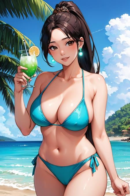 masterpiece, best quality, 1girl,  <lora:valorantsage-nvwls-v1-000009:0.9> valorantSage, ponytail, earrings, large breasts, green bikini, beach, holding tropical drink, blue sky, smile, looking at you