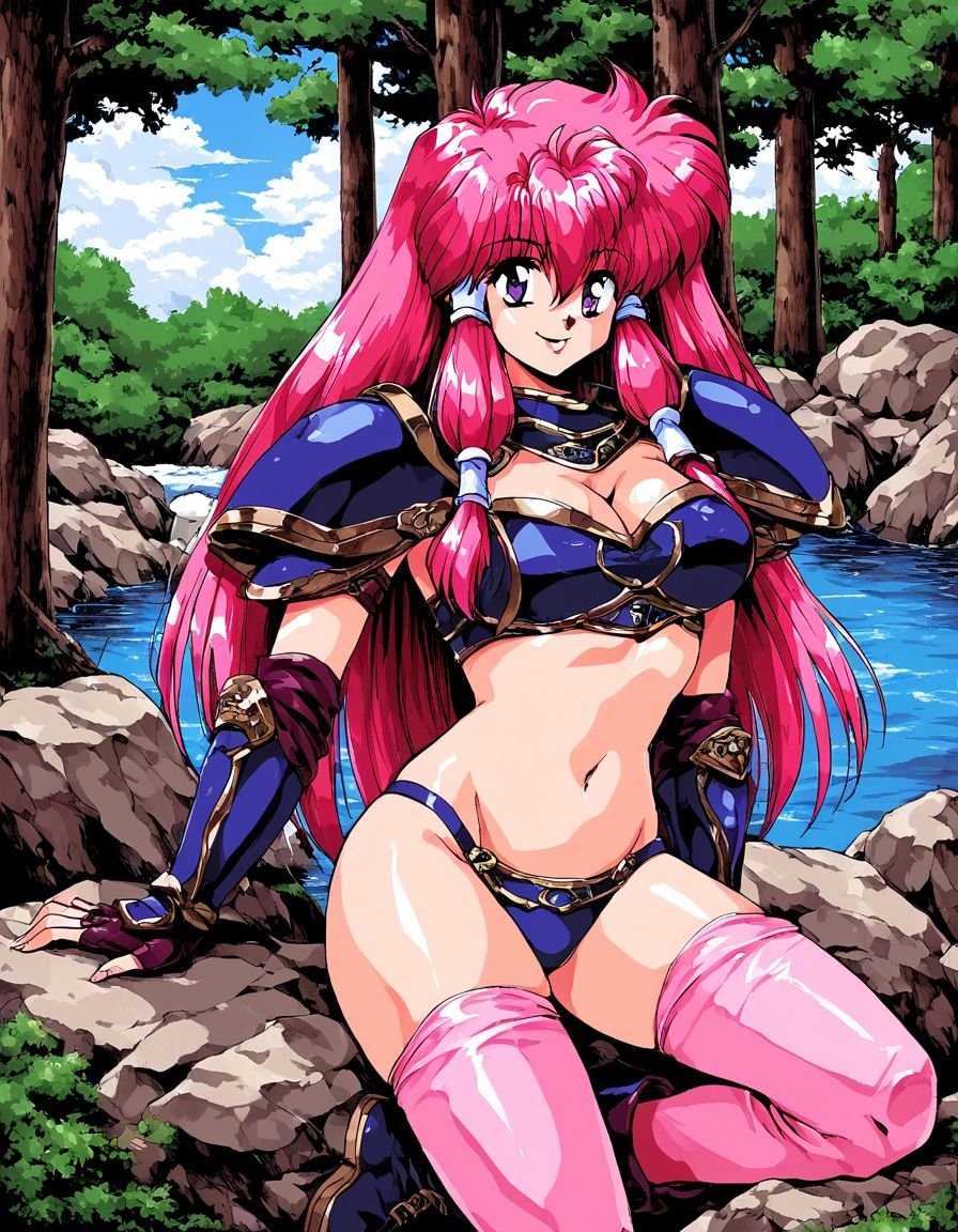 score_9, score_8_up, score_7_up, score_6_up, score_5_up, score_4_up, source_anime, rating_explicit, BREAK <lora:Shami_XL:1> Shami, 1girl, solo, long hair, armor, pink hair, pauldrons, tree, shoulder armor, outdoors, retro artstyle, boots, bikini armor, smile, nature, thighhighs, gloves, purple eyes, fingerless gloves, day, sky, navel, pink thighhighs, breasts, hair tubes, forest, 1990s (style), oekaki, cleavage, water,