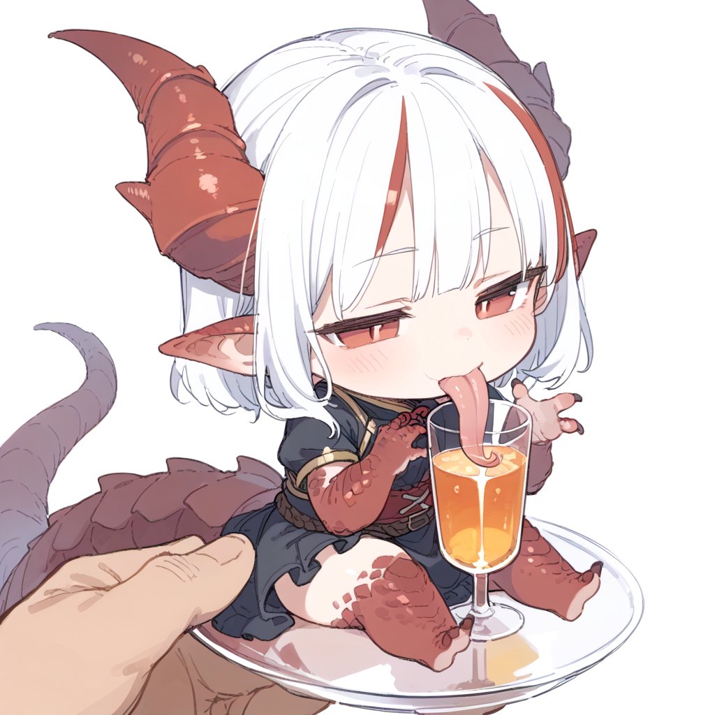 score_9, score_8_up, score_7_up , source_anime, best quality, cute,chibi,solo,(monster girl:1.2),dragon girl,(scale:1.2),(shortstack:1.2),(half-closed eyes:1.2), white hair, red eyes,(two-tone hair:1.2),pointy ears,,(lick put glass:1.4),long tongue(sketch, tegaki:1.3),from side, fantasy clothes,sitting,