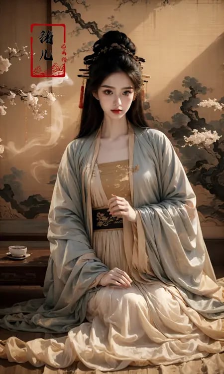 (masterpiece,best quality,realistic),(smoke，Smoke surround:1.1)，hanfu,chinese_clothes,long_sleeves,1girl,solo,black_hair,hair_ornament,chinese painting mural, Black, gold，<lora:lute_20231115030944:0.8> <lora:Smoke:0.4> <lora:md_20230905090446:0.5>