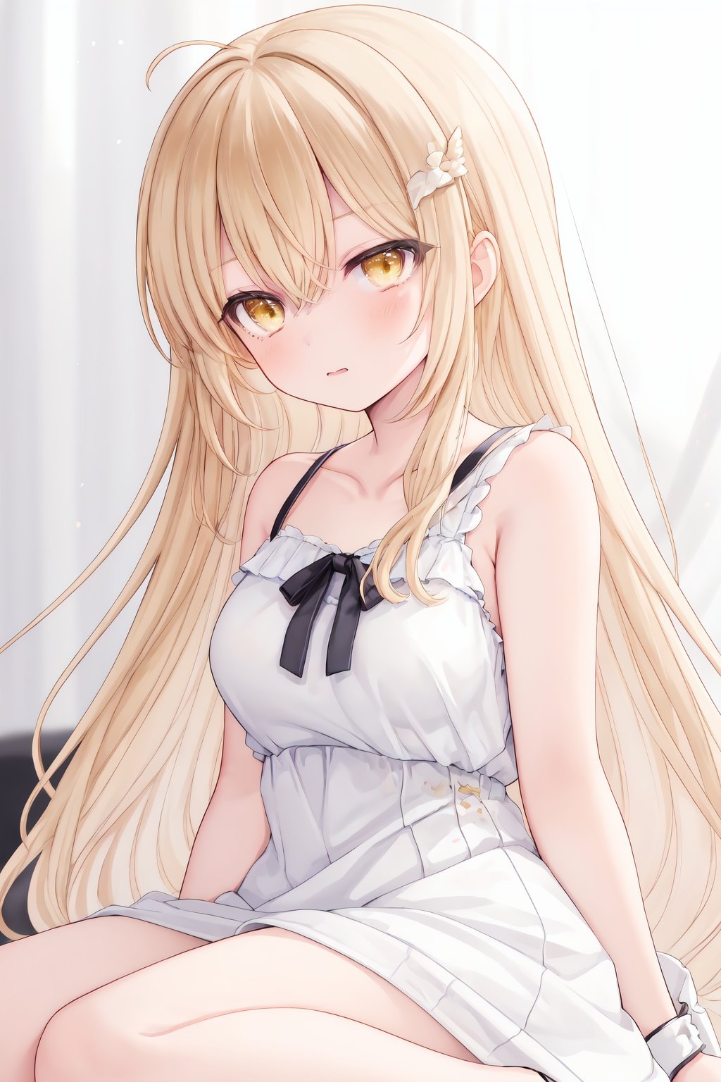 1girl,solo,cuffs,long hair,dress,yellow eyes,looking at viewer,white dress,blonde hair,bangs,bare shoulders,virtual youtuber,blush,sleeveless dress,collarbone,sitting,sleeveless,hair between eyes,breasts,very long hair,