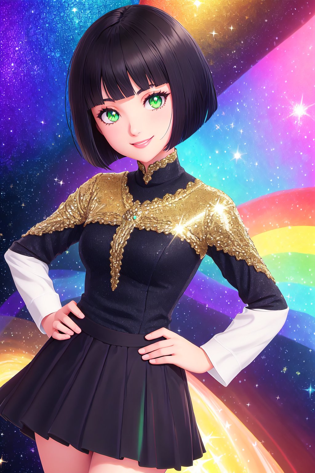 black hair, green eyes, short hair, bob cut, arms up, excited, sparkling eyes, sparkle, light particles, galaxy, rainbow, colorful, abstract, volumetric lighting, smile, long sleeves, pleated skirt, from above, hands on hips