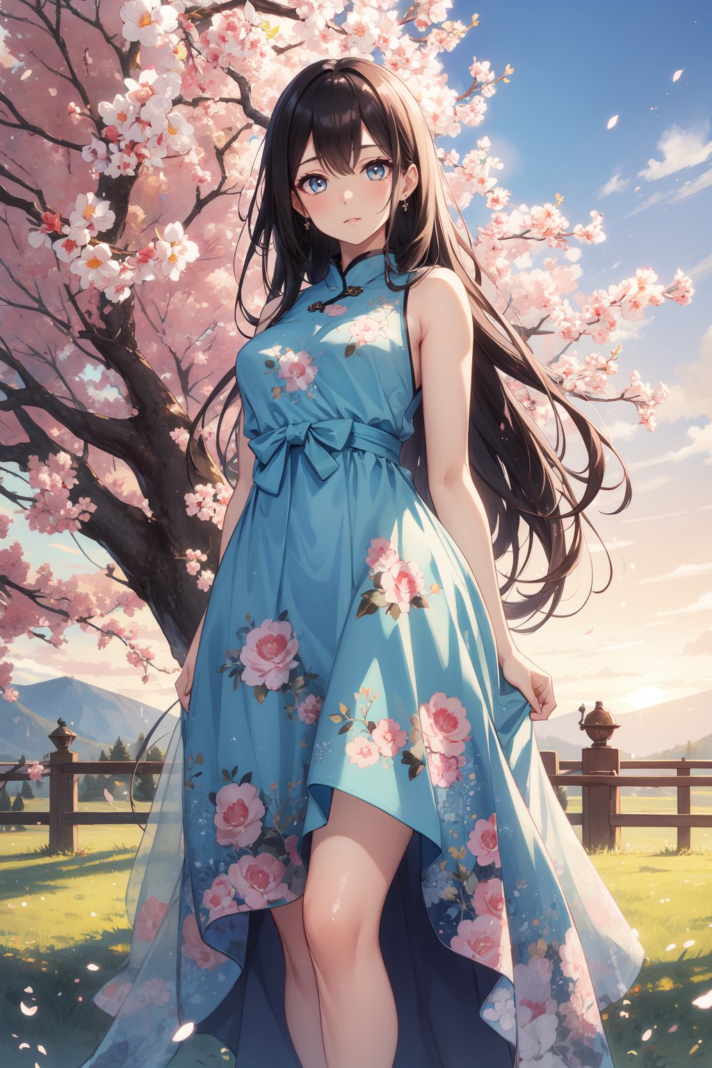 1girl,solo,(looking at viewer:1.1),Passionate, A heated look, a flushed face, and a quickened breath.,Baby blue floral print maxi dress with high-low hem,portrait,posing,beautiful face,beautiful eyes,glossy skin,shiny skin,BREAKCountryside, Cattle, Hills, Grass, Trees, Farmhouses, Fence, Sunset,(Cherry blossoms, Garden path, Dawn light, Sakura petals, Tranquil setting, Japanese elegance:0.6),beautiful detailed sky,beautiful detailed glow,posing in front of a colorful and dynamic background,masterpiece,best quality,beautiful and aesthetic,contrapposto,female focus,wallpaper,fashion,