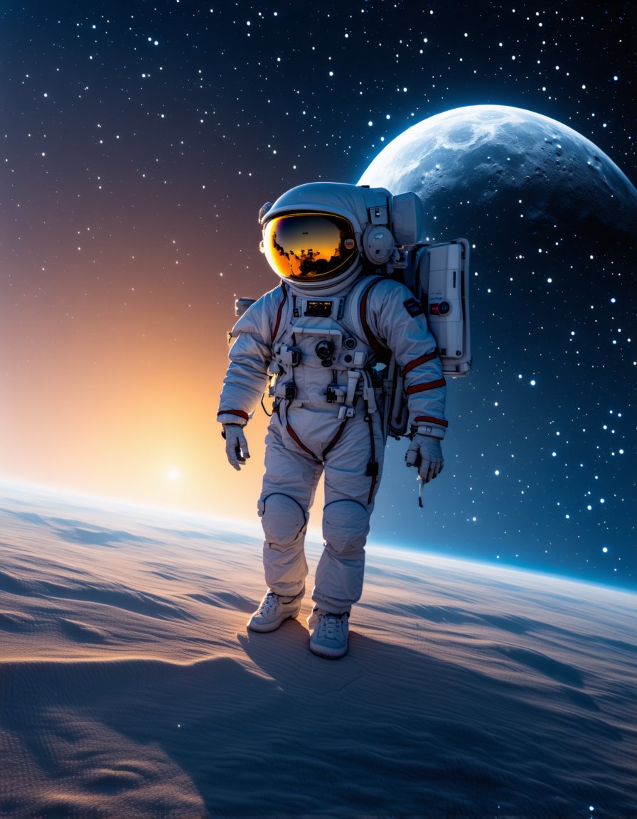 best quality, 4K, 8K, high-resolution, masterpiece, ultra-detailed, photorealistic,  astronaut in outer space elements of this image furnished by nasa reklamní fotografie, upper body, sky, bag, moon, helmet, 1other, star (sky), camera, space, planet, ambiguous gender, spacesuit, space helmet, astronaut,