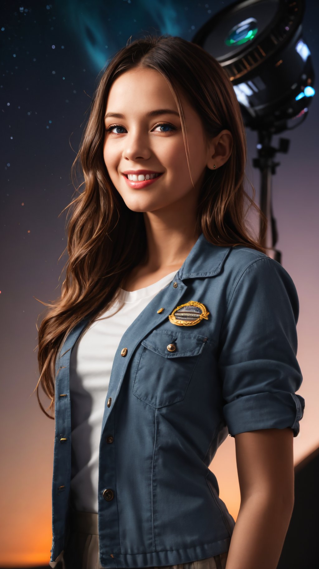 a cute little girl with a round cherubic face blue eyes and short wavy light brown hair smiles,Bushy hair,Dark gray hair,eye-level shot,At the Starlight Observatory amid the Eternal Nebulae,style by Miles Aldridge,(high quality awardwinning masterwork 4k highly detailed),Canon R5,volumetric lighting