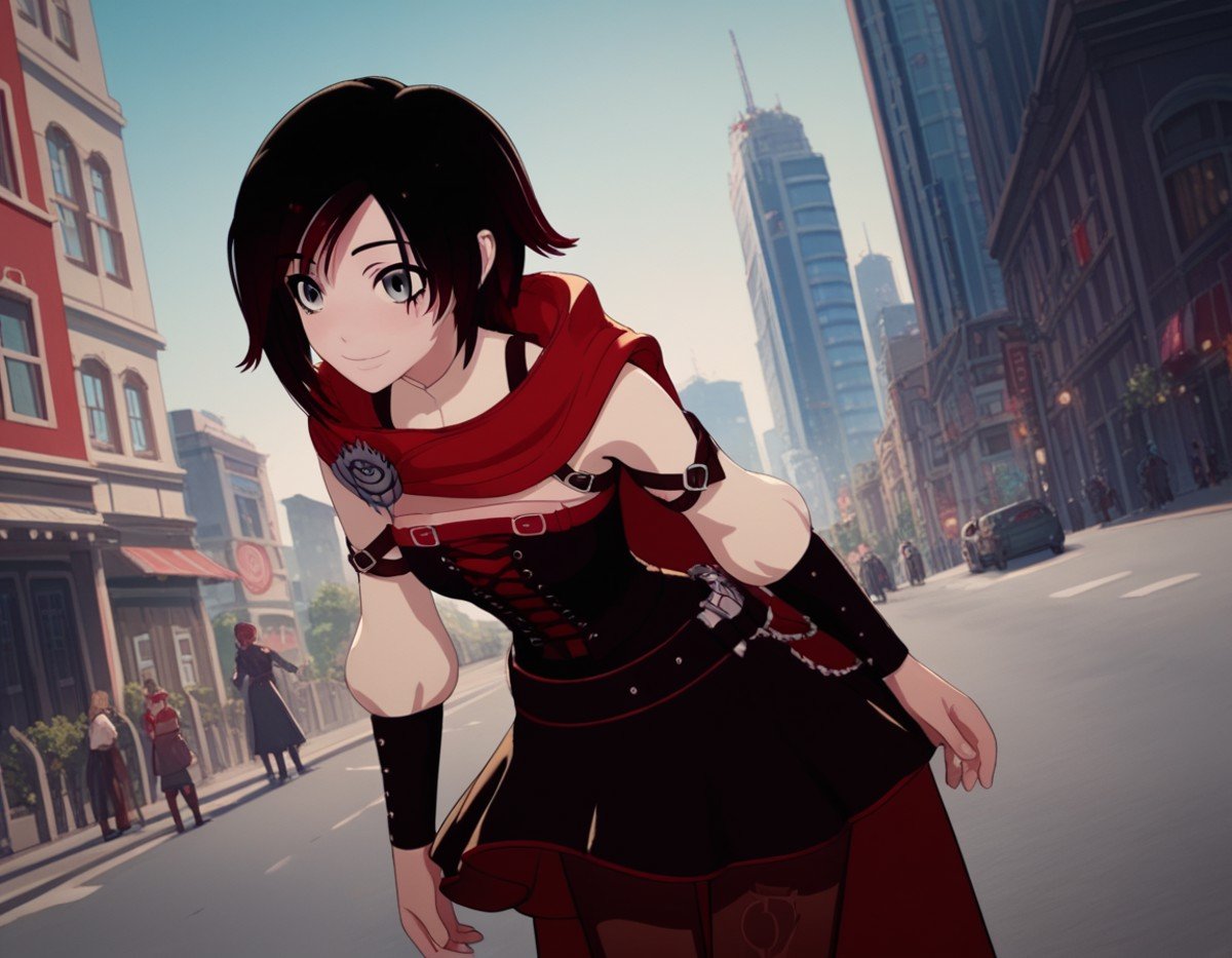 score_9, score_8_up, score_7_up, source_anime, <lora:ruby-rose-ponyxl-lora-nochekaiser:1>, ruby rose, short hair, black hair, red hair, grey eyes,, dress, pantyhose, cape, corset, belt,, cityscape, street, bent over, smile, looking at viewer, solo, cowboy shot, dutch angle