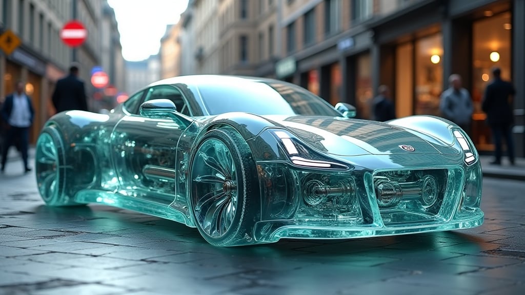 photo of a transparent future car, Car is fully made from glass , revealing engine and transmission, very detailed, UHD, Ceramic glass craft style, combines ceramic and glass materials to create unique and innovative artwork, offers versatility in texture and transparency, allows for experimentation with light and color, Car is park in a busy city street.