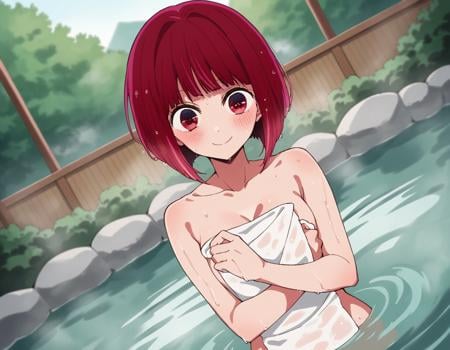 score_9, score_8_up, score_7_up, source_anime,kanaarima, <lora:kana-arima-s1-ponyxl-lora-nochekaiser:1>,kana arima, short hair, bangs, red eyes, red hair, bob cut, smile,nude, naked, outdoors, onsen, towel, naked towel, steam, bathing, nude cover, partially submerged, water, bath, steam censor, wet towel, blush,looking at viewer, cowboy shot, dutch angle, solo,