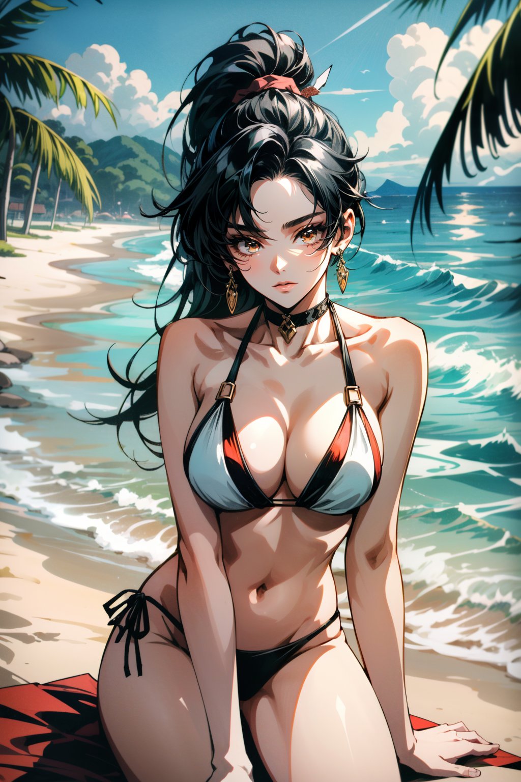 ((ultra detailed, masterpiece, absurdres)) <lora:DOAMomiji:0.9>DOAMomiji, 1girl, ponytail, long hair, at a beachside resort, bikini, holding a colorful cocktail