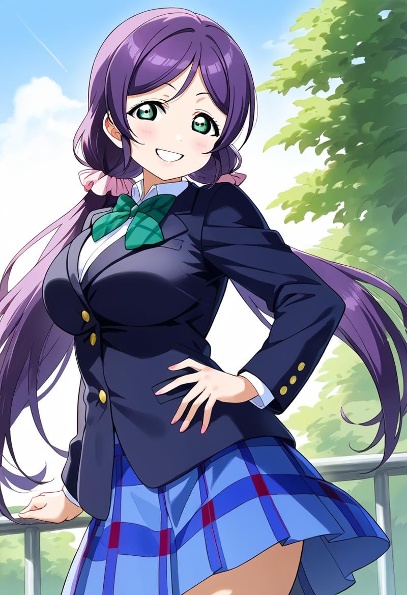 score_9, score_8_up, score_7_up, source_anime BREAK 1girl, solo, lovelive_nozomi, cowboy shot, school uniform, blue plaid skirt, black blazer, green bowtie, large breasts, purple hair, parted bangs, low twintails, pink scrunchie, green eyes, looking at you, smile, grin, open mouth, school <lora:lovelive_nozomi:1>