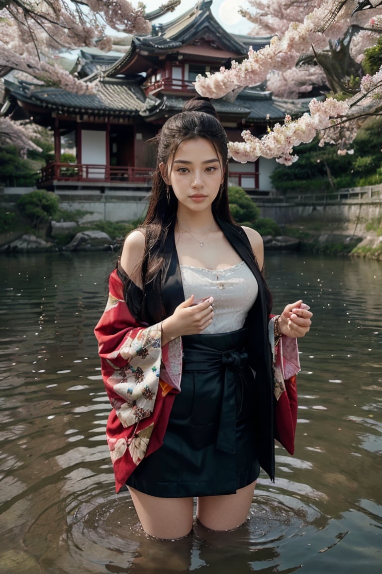 (masterpece:1.3),(best quality:1.3),stunningly beautiful girl,breathtaking,intricate details,absurdres,highres,ultra detailed,highest quality,amazing details,looking at viewer, water, moon, partially submerged, cherry blossoms, bad weather, 1girl,solo, standing, cowboy shot, kimono, east asian architecture,<lora:n1l4-07:0.8>