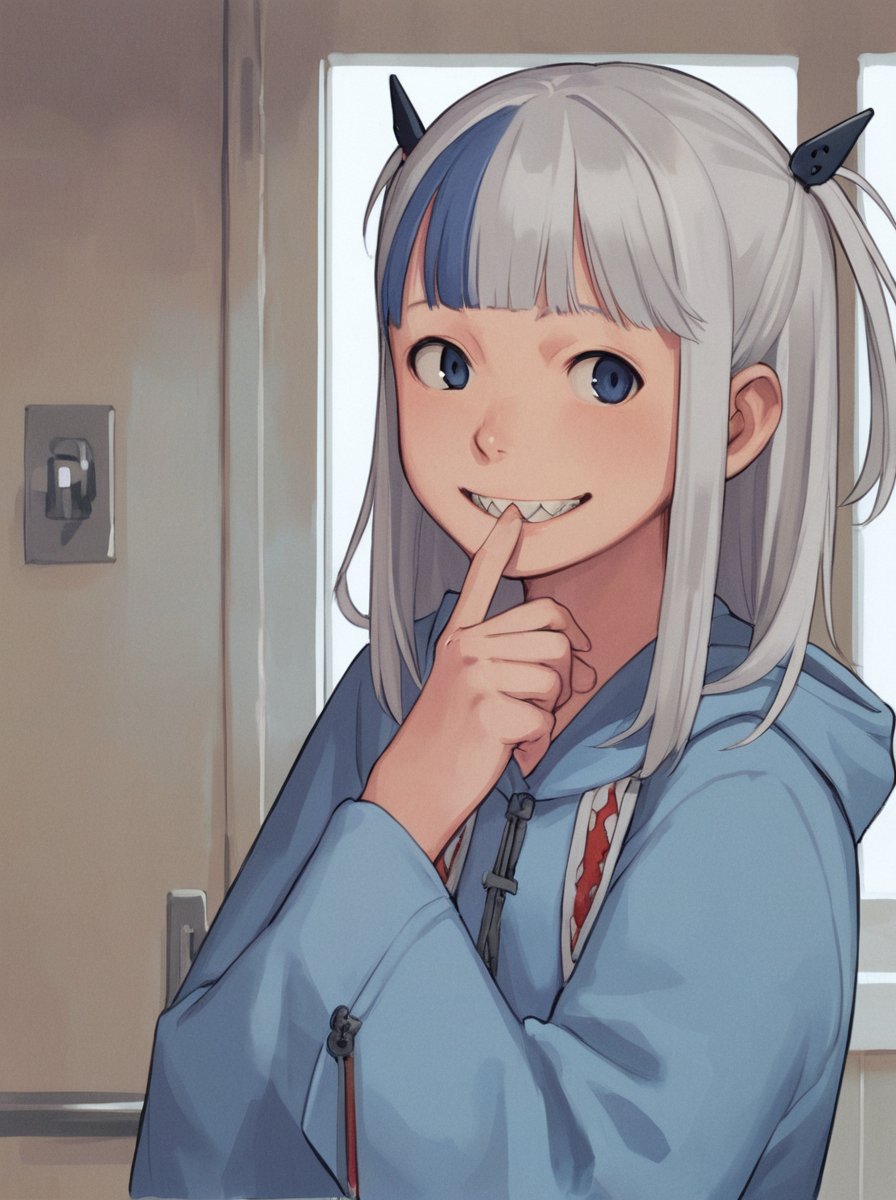 score_9_up,score_8_up,score_7_up, <lora:comiclo-xl-pony:0.7>,gawr gura, 1girl, virtual youtuber, teeth, smile, looking at viewer, solo, hood, cosplay, bangs, multicolored hair, blue hair, grey hair, meme, blue hoodie, hair ornament, mouth pull, blunt bangs, door, shark hair ornament, sharp teeth, hoodie, two side up, grin, long sleeves, indoors, streaked hair, long hair, wide sleeves, upper body, white hair, finger in own mouth, lips