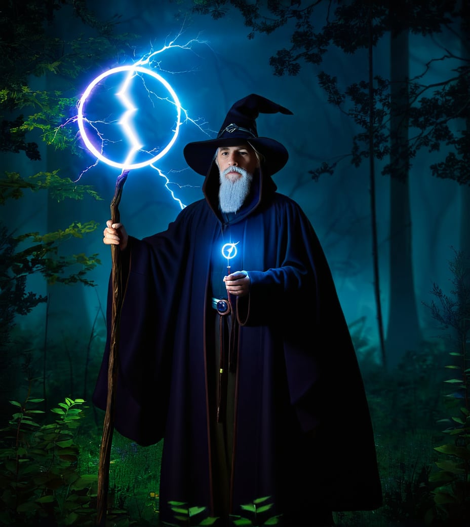 (Game CG style:1.2),(detailed light), ((lightning in hand)),lightning surrounds,(((lightning chain))),Game CG style, this dark wizard holds a staff with branches, wearing a long cloak and a hat, holding a circular magic circle in his hand, surrounded by a forest in the background. the image has a mysterious and magical atmosphere. keywords: dark wizard, staff, cloak, hat, branches, magic circle, forest, mystery, magic,