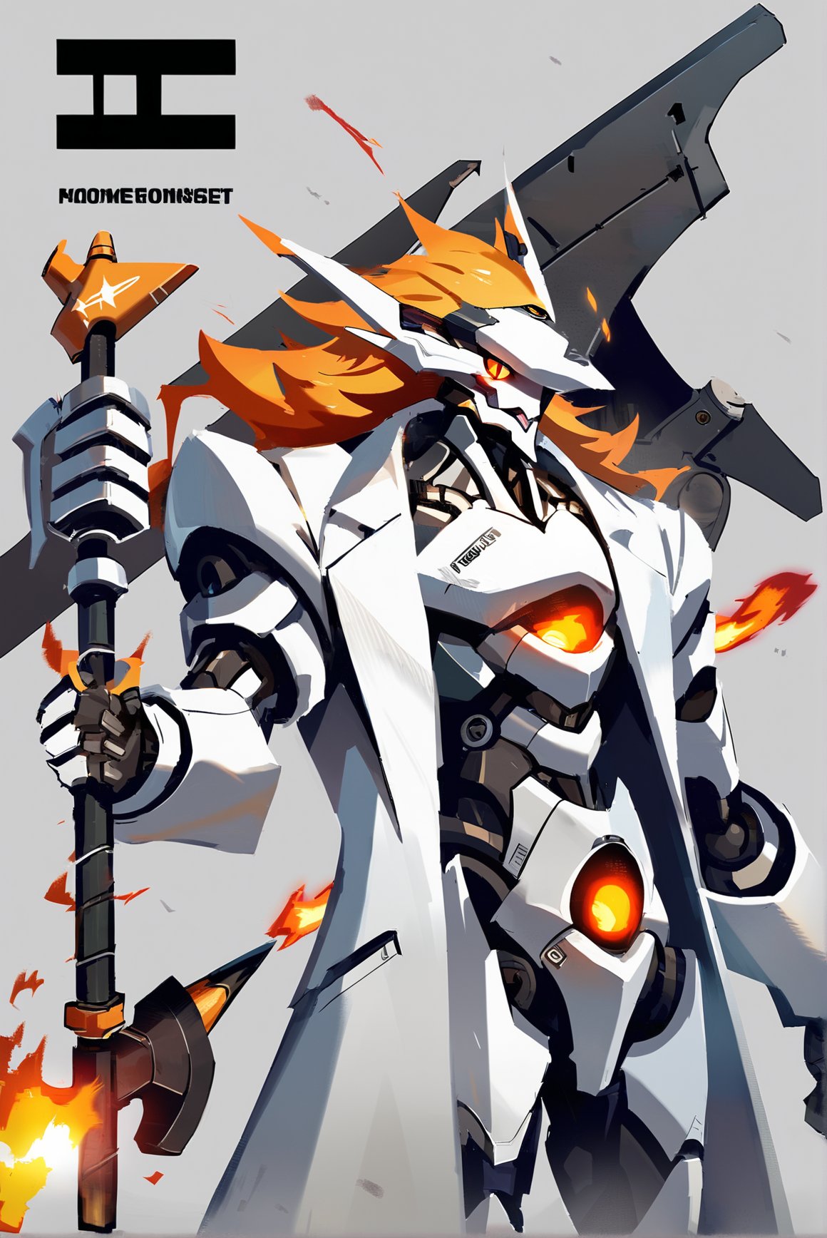 score_9, score_8_up, score_7_up, score_6_up, <lora:jijia-pony-Tanger-000006:0.8>, jijia, 2d, anime, orange hair, robot, axe, 1boy, male focus, mecha, holding, grey background, weapon, orange eyes, fire, simple background, holding axe, standing, labcoat, solo, a poster with an anime character standing in front of a giant robot, a poster for an anime about an alien, 