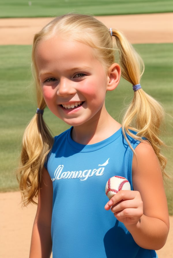 1girl, portrait, (cowboy shot) realistic, little girl, smile, ((ltt, blonde long messy hair, low twin ponytails)), upper body, outdoor, holding⚾,  sunny day, blurry background <lora:low twintail03:0.8><lora:adapter_model:1.0>