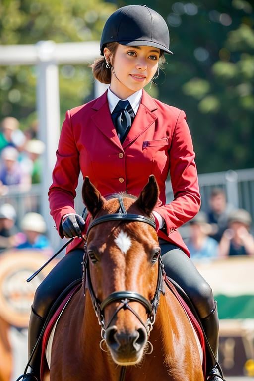 photo of a woman, (wearing equitation_outfit, wearing cap:1.3), red equitation_outfit,good hand,4k, high-res, masterpiece, best quality, head:1.3,((Hasselblad photography)), finely detailed skin, sharp focus, (cinematic lighting), night, soft lighting, dynamic angle, [:(detailed face:1.2):0.2], medium breasts,(((riding a horse in front of a crowd))), outside,   <lora:equitation_outfit-10:0.5>