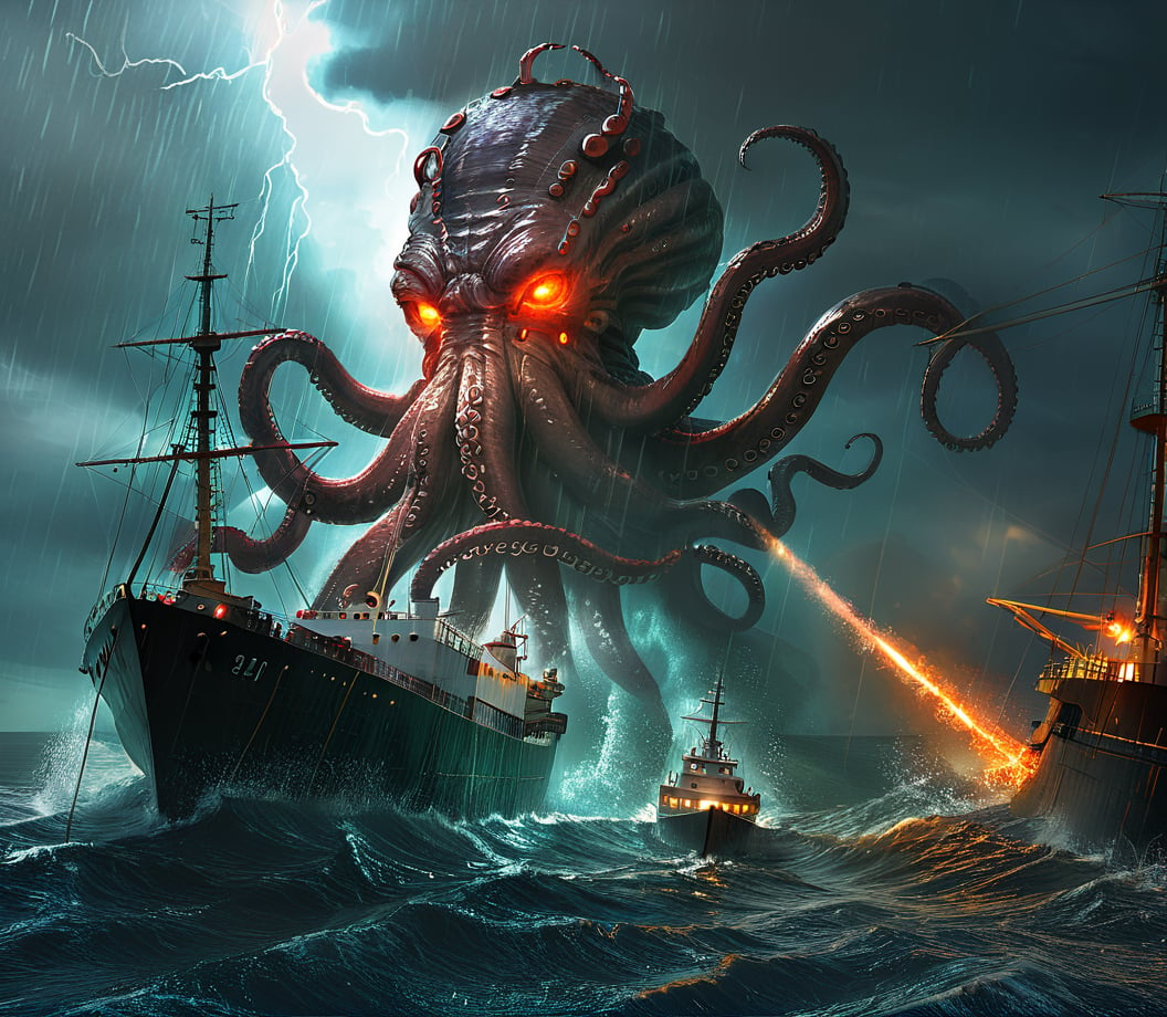 giant octopus, sea monster attacking ship, nautical chaos, dark stormy seascape, maritime peril, ominous creature, digital art, high dynamic range, glowing eyes, tentacles, ship in distress, emergency flares, ocean waves, naval vessel, cinematic lighting, concept art, science fiction, horror theme, naval warfare, fantasy artwork, ship sinking, dynamic composition, deep-sea terror, dramatic scene, intense action, color contrast, water spray, fire, survival, sea battle,<lora:kesulu-10:0.6>,