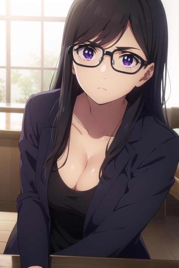 hizuruminakata, <lora:hizuru minakata s1-lora-nochekaiser:1>,hizuru minakata, long hair, black hair, glasses, (purple eyes:1.1), black-framed eyewear,BREAK shirt, gloves, cleavage, collarbone, jacket, black gloves, pants, black jacket, black shirt, black pants, formal, suit,BREAK outdoors,BREAK looking at viewer,BREAK <lyco:GoodHands-beta2:1>, (masterpiece:1.2), best quality, high resolution, unity 8k wallpaper, (illustration:0.8), (beautiful detailed eyes:1.6), extremely detailed face, perfect lighting, extremely detailed CG, (perfect hands, perfect anatomy),