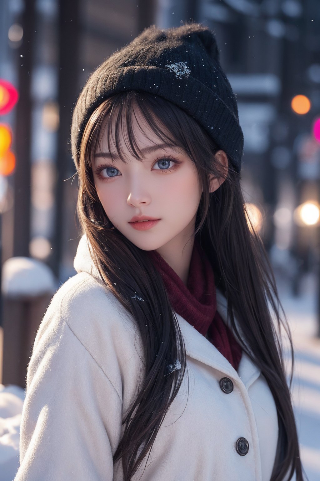 8k, ultra highres, real light and shadow, beautiful eyes, beautiful women, in the snow scene in winter, upper body, street