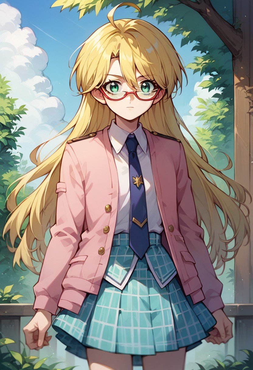 score_9, score_8_up, score_8, score_7_up, solo, source_anime, rebeccahawkins, green eyes, blonde hair, long hair, ahoge, bangs, glasses, uniform, necktie, pink jacket, plaid skirt, skirt, short skirt, zettai ryouiki