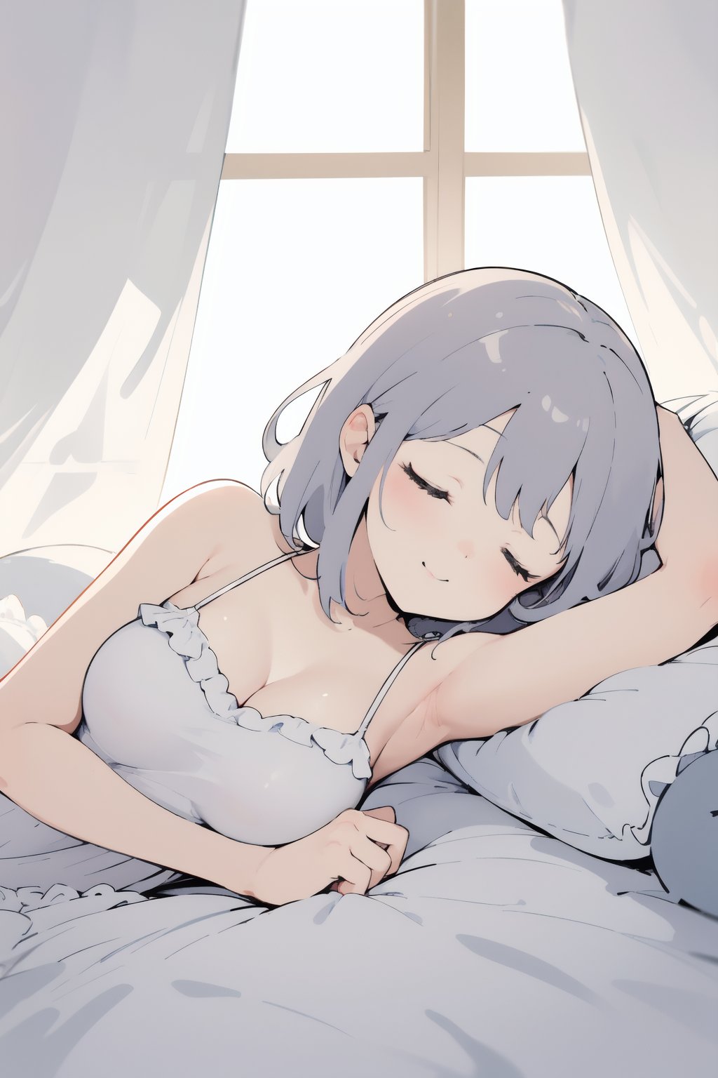 (finely best quality illustration:1.2), (kawaii girl:1.1), (1girl, solo:1.0), (silver medium hair:1.0), (negligee, frills, frilled dress:1.0), (large breasts, collapsed breasts:1.0), ((smile:0.7), (closed eyes:1.0):1.0), (sleeping, lying on a bed, armpits:1.0), (upper body:1.0), (bed room, curtains, morning:1.0), (ultra-detailed, highres:1.0),