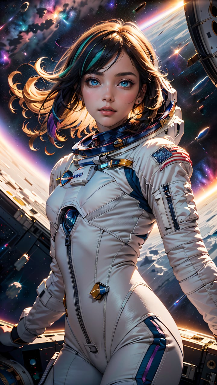 (best quality, masterpiece, colorful, dynamic angle, highest detailed) upper body shot, fashion photography of cute astronaut girl with long iridiscent colorful hair, in space sunlight passing through hair, (beautiful galaxy background), (official space art)