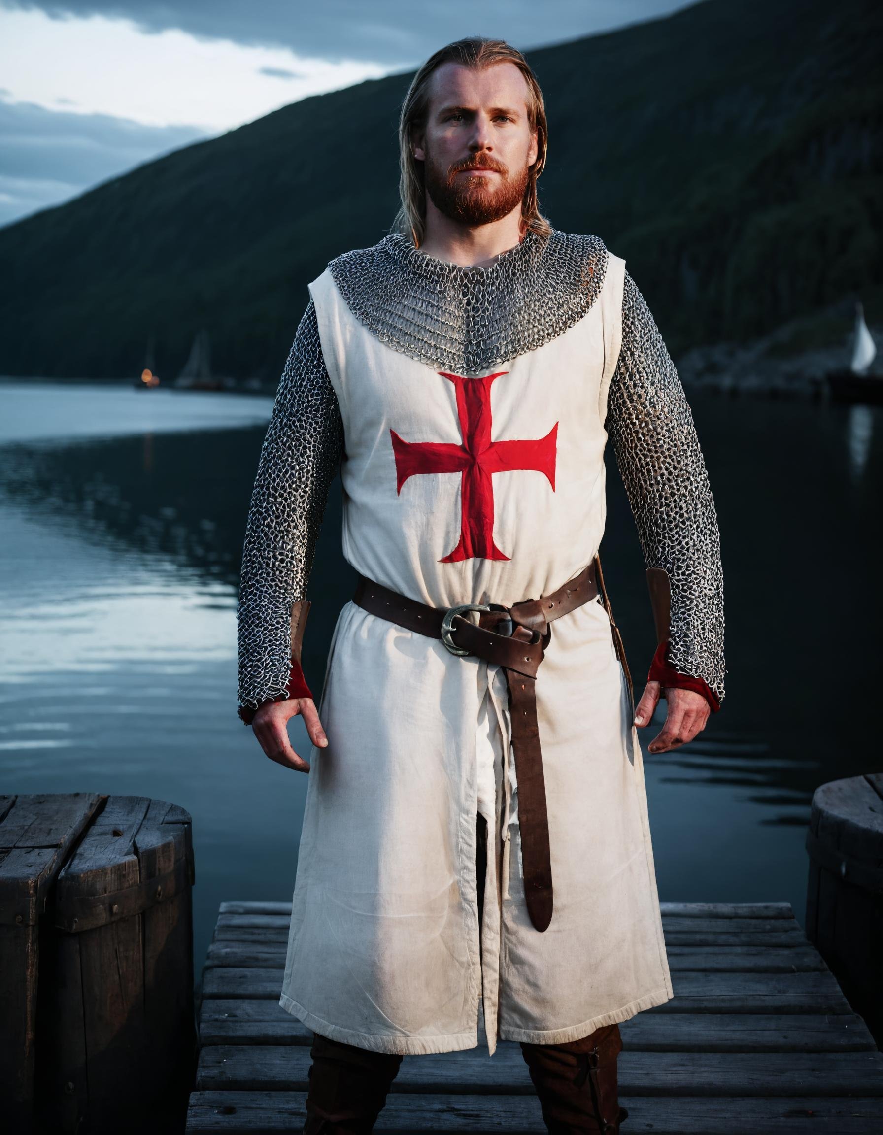 cinematic still of Sven from Norway wearing white t3mpl4rtunic with a red cross, (chainmail:1.1), standing in front of a dock, sea, ship, medieval, epic composition, stunning environment, dim lighting, UHD, dusk, darkness, <lora:templarclothesxl:0.9>, <lora:offset_0.2:0.4>