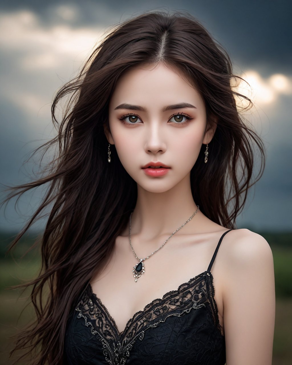 portrait of a gothic girl,wearing black,dark dreams,brown hair,alluring,seductive,storm clouds,whimsical charm,ethereal glow,tack sharp focus on eyes,one arm behind head Masterpiece,intricate lines,intriguing atmosphere,sharp magnificent details,delicate features,elaborate details,(2\3 rule composition:0.6),