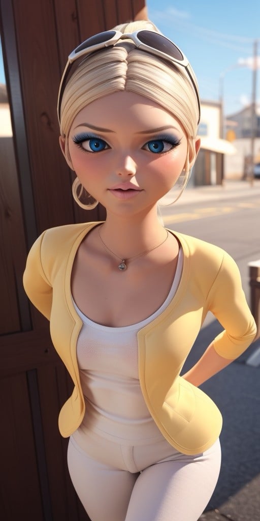 Hyperrealistic, photorealistic, super detailed, (unbuttoned yellow jacket), (white T-shirt), white jeans, expressive brilliant cobalt blue eyes, perfect face, pale pink lips, light honey blonde hair, hair parted in the middle while pulled back into a high ponytail held in place by a white hair tie, pale light grayish cerulean eye-shadow, light scarlet blush, pale, light pink lipgloss, body like in real life, large pores, fair skin, slender, beautiful arms, very little very flat breasts, unreal engine, octane render, droped shadow, bokeh, cinematic lighting, <lora:add_detail:0.5>, <lora:Volumetric_lighting:0.6>, Chloe Bourgeois, , <lora:a24b2644-9452-483e-9fb6-638ba1ae90ac:0.7>