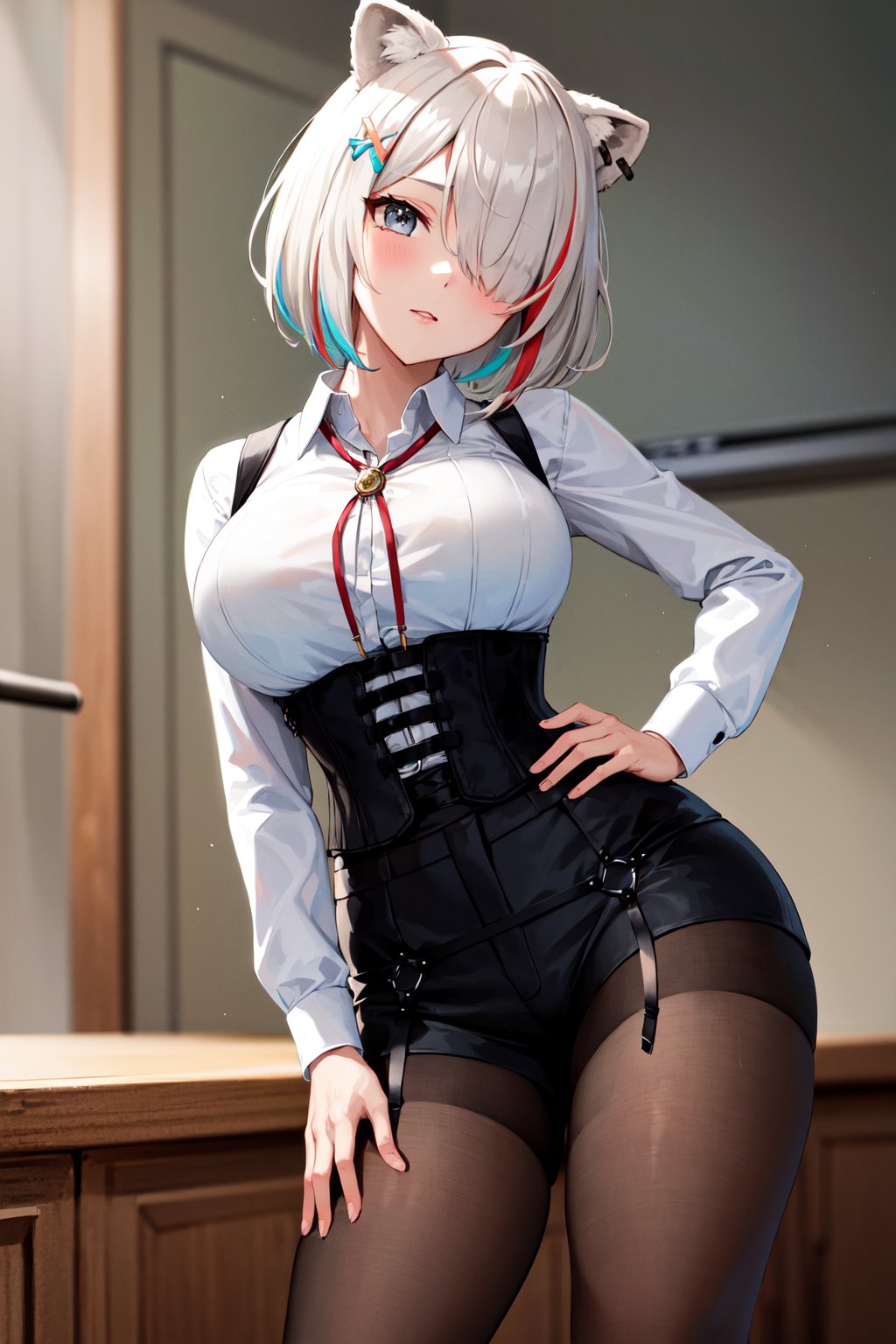 masterpiece, best quality, highres, ccbotan, short hair, multicolored hair, streaked hair, animal ears, hairclip, hair over one eye, ear piercing, large breasts, bolo tie, collared shirt, white shirt, long sleeves, harness, (underbust:1.2), black shorts, black pantyhose, <lora:shishiro_botan_v1:0.7>, hand on hip, 