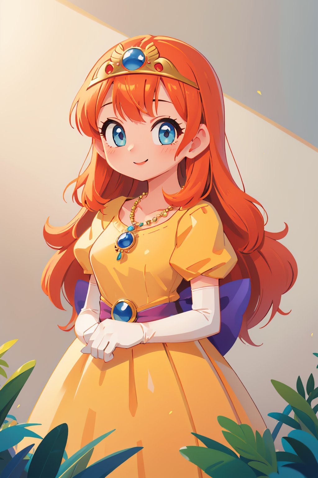 (masterpiece, best quality:1.2), solo, 1girl, dqLaura, orange hair, smile, looking at viewer, tiara, necklace, yellow dress, elbow gloves <lora:dqlaura-nvwls-v1:0.9>