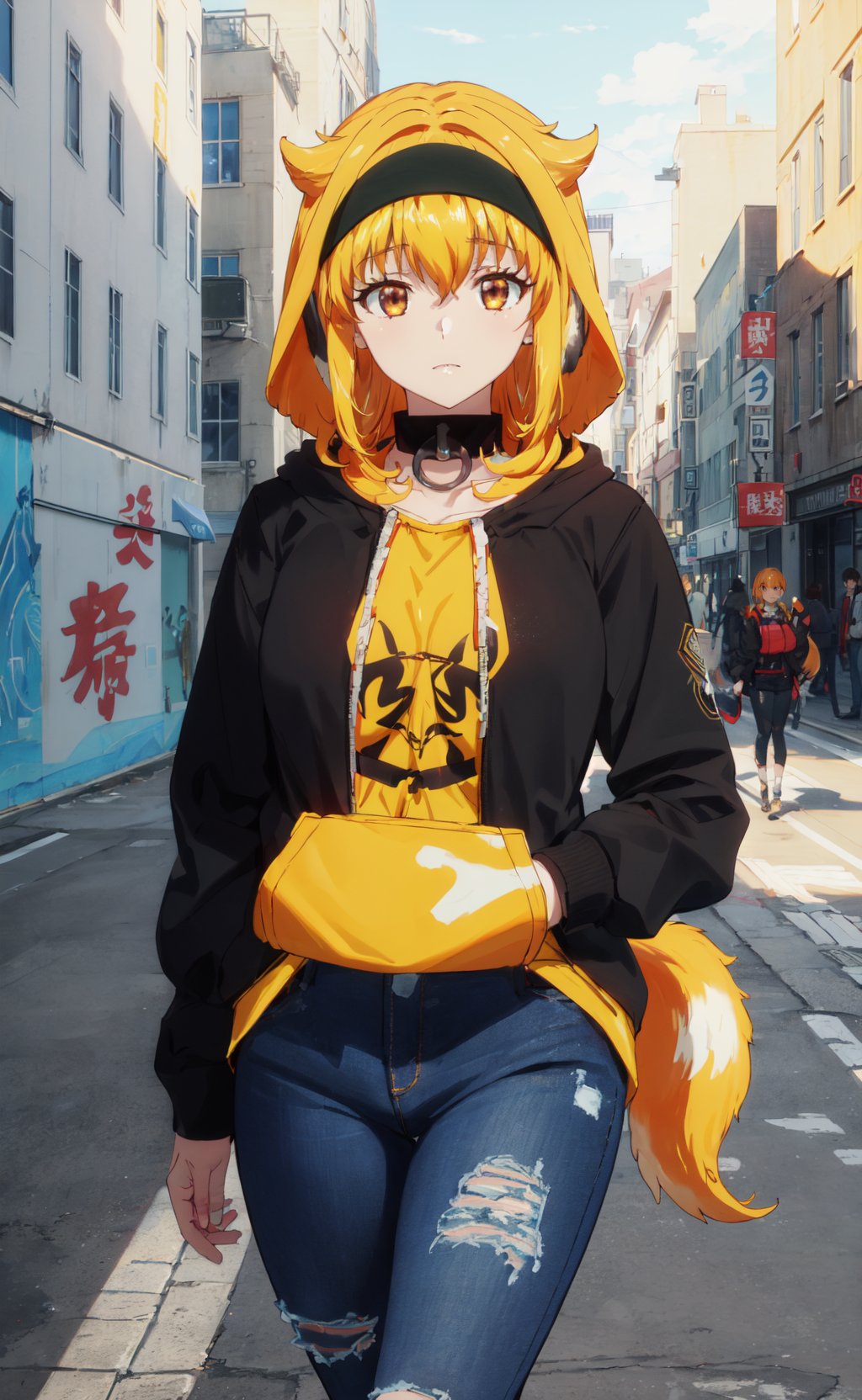 <lora:Roxane-000010:0.8>,Roxane CYQL,1girl,solo,looking at viewer,dog girl,blonde hair,orange hair,short hair,hairband,black hairband,hair between eyes,dog ears,animal ears,floppy ears,brown eyes,collar,black collar,large breasts,tail,dog tail,((Street_art_inspired_hoodie:1.4),(Distressed_jeans:1.3),(High-top_sneakers:1.2),(Urban_street_background:1.4):1.3),(Tsundere:1.2),(cowboy_shot:1.1),from_below,Nighttime tide square in city, Water feature, Lights, Urban landscape, Relaxation,beautiful detailed sky,beautiful detailed glow,posing in front of a colorful and dynamic background,masterpiece,best quality,beautiful and aesthetic,contrapposto,female focus,wallpaper,