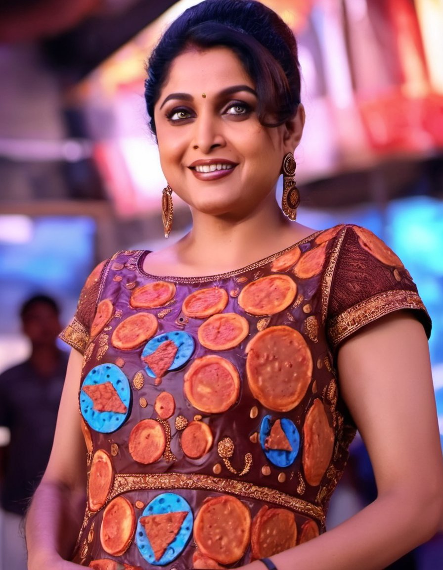 RamyaKrishnan,Cuisine, A smiling woman wears a dress made of pizza , rich deep colors, intricate artwork, masterpiece, vibrant, ultra high quality model, improve eyes, cinematic, 4k, epic, sharp focus, 4k resolution blade runner