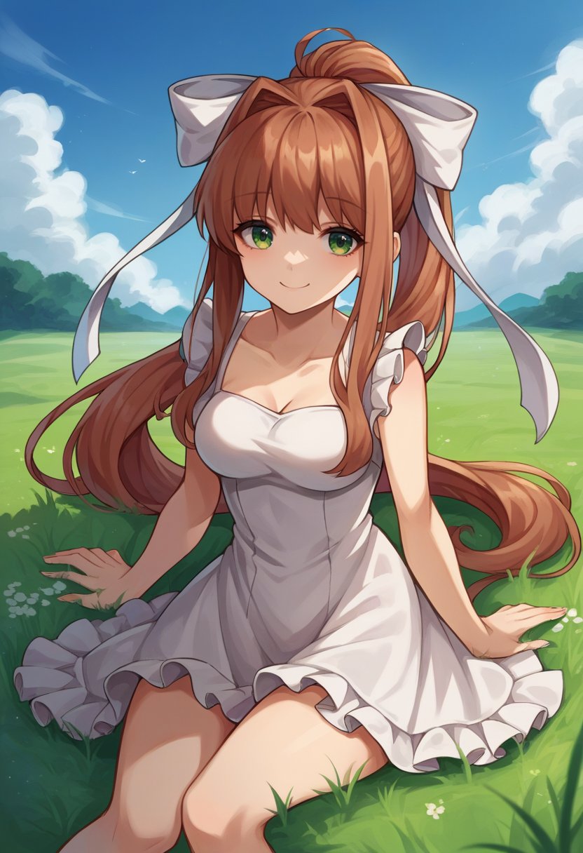 score_9, score_6_up, source_anime, 1girl, solo, monika, brown hair, green eyes, ponytail, very long hair, white bow, white dress, short dress, outdoors, sunny, clouds, grass, smile, medium breasts, frilled dress <lora:ddlcXL:0.8>