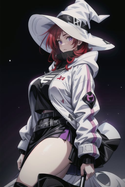 teenage woman, red hair, purple eyes, white hooded jacket, white witch hat, black shirt, black skirt, 4k, 8k, curvy figure, ultra high quality, anime<lora:EMS-179-EMS:0.800000>