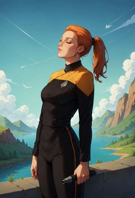 core_9, score_8_up, score_7_up, score_6_up, 1girl,scenery,ginger,ponytail,pcdst,Star trek uniform,yellow,yellow shoulders,black jumpsuit,<lora:PicardPony-000050> 