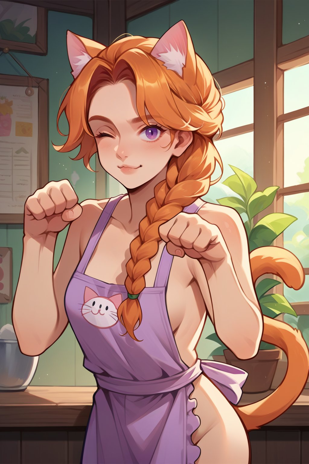 score_9, score_8_up, score_7_up, source_anime, 1girl, solo, <lora:NSLeahStardew:1> NSLeahStardew, orange hair, single braid, long hair, braid, braid in front, purple eyes, naked apron, cat ears, cat tail, paw pose, winking, indoors