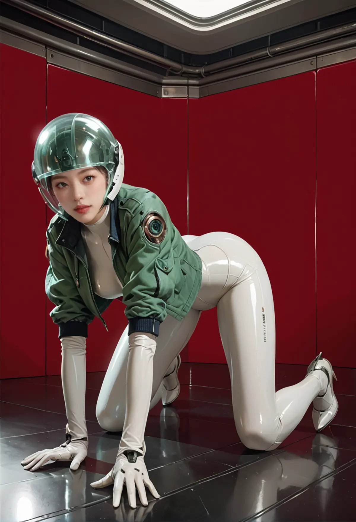 1girl,solo,,ruanyi0812,white bodysuit,skin tight,science fiction,green jacket,open jacket,glass helmet,full body,all fours,<lora:0812 TheFirstDescendant Clothing_v1_pony:1>, score_9,score_8_up,score_7_up,,8k,1girl,solo,,