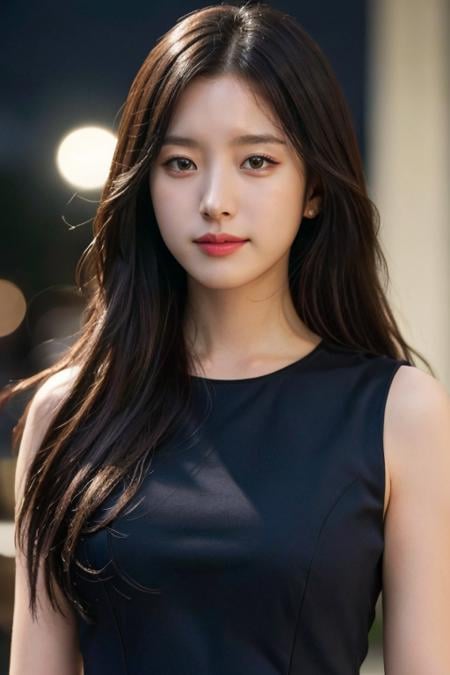 mature, ((upper body:1.2)), nikon RAW photo, 8 k, long hair, Fujifilm XT3,masterpiece, best quality, realistic, photorealistic, ultra detailed, extremely detailed face, solo,1girl, standing, close up, black dress, walking, at the dark streets, moonrise, sleeveless, fabric clothes,<lbm=FACES>