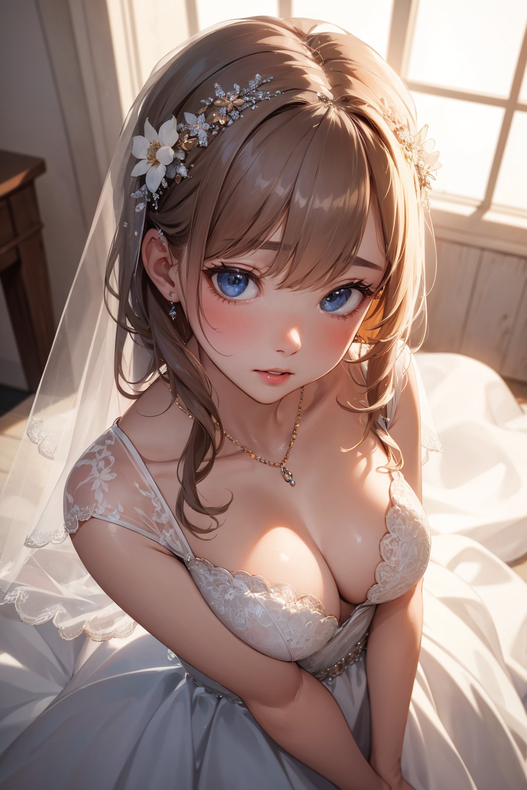 ((masterpiece)), ((best quality)), 8k, soft lighting, warm lighting, absurdres,Portrait of cute female wearing beautiful wedding dress looking at viewer (nervous:1.2) (from above:1.2)