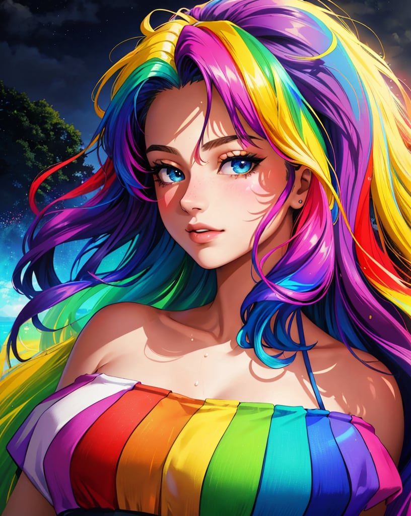 masterpiece, best quality, portrait of a 18yo woman ,  (vivid colors paint splashes rainbow theme:1.1) ,  color photo, cinematic, cinematic lighting, eccentric inventory, anime, gorgeous 18-year-old woman, perfect eyes, graceful, landscape shot,  upper body, looking at viewer, standing, happy, enthusiastic