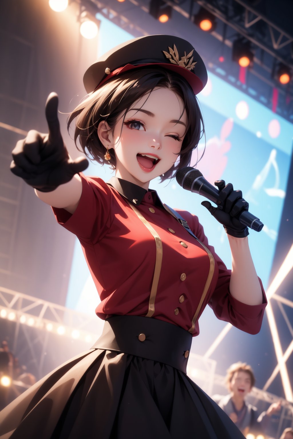 (best quality:1.4),(masterpiece:1.4),(8K:1.4),(extremely detailed:1.4),1girl, solo, idol, idol clothes, one eye closed, red shirt, black skirt, black headwear, gloves, stage light, singing, open mouth, crowd, smile, pointing at viewer,