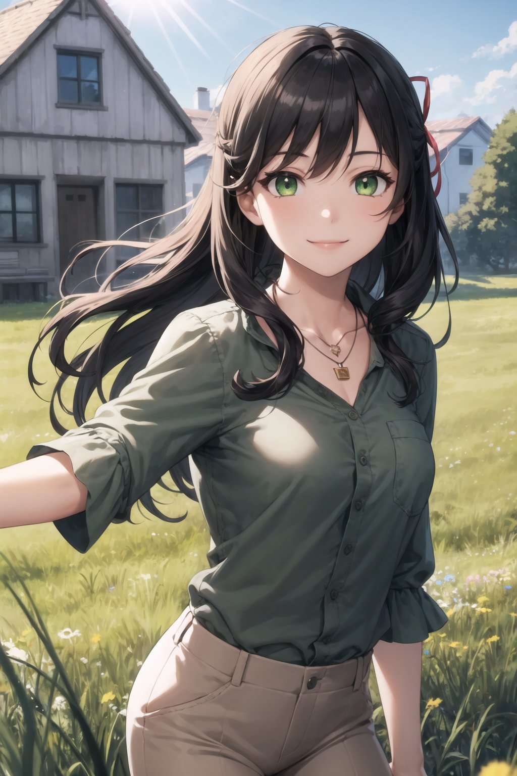 masterpiece, best quality, 1girl, long black hair, green eyes, buttoned shirt, hair ribbon, necklace, frilled sleeves, khaki pants, meadow, [houses], sunlight, smile,