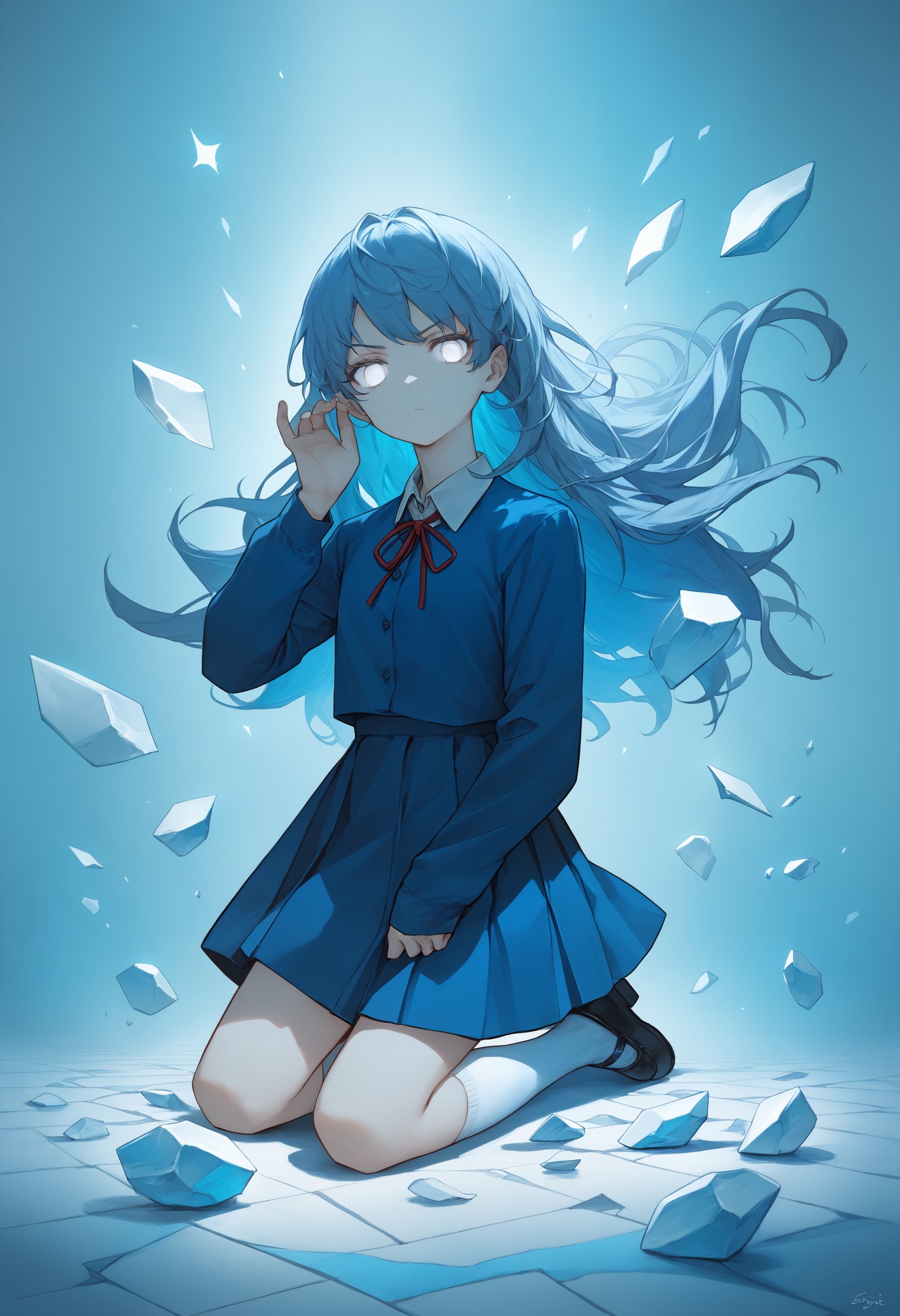 score_9, score_8_up, BREAK1girl, extended underskirt, (time:1.1), (charged:1.1), blue theme, alternate eye color, white eyes, arm at side, kneehighs, expressionless, floating hair, hand up, kneeling, short dress, shards, school uniform, v-shaped eyebrows, dress, socks, white socks, collared dress, looking at viewer, full body, mary janes, long sleeves, shogi piece, no mouth, black footwear, long hair, energy hair, shoes