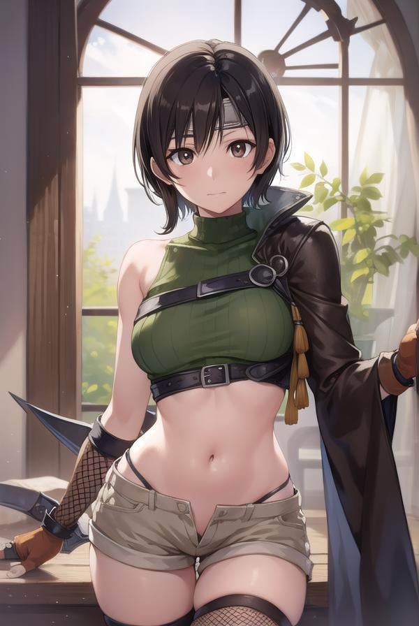 yuffiekisaragi, <lora:yuffie kisaragi v2-lora-nochekaiser:1>, yuffie kisaragi, (black hair:1.5), (brown eyes:1.7), short hair, pixie cut,BREAK crop top, fingerless gloves, fishnet thighhighs, fishnets, forehead protector, gloves, headband, navel, short shorts, shorts, single sleeve, single thighhigh, sleeveless, sleeveless turtleneck, thighhighs, turtleneck,BREAK cowboy shot, looking at viewer, BREAK indoors,BREAK <lyco:GoodHands-beta2:1>, (masterpiece:1.2), best quality, high resolution, unity 8k wallpaper, (illustration:0.8), (beautiful detailed eyes:1.6), extremely detailed face, perfect lighting, extremely detailed CG, (perfect hands, perfect anatomy),